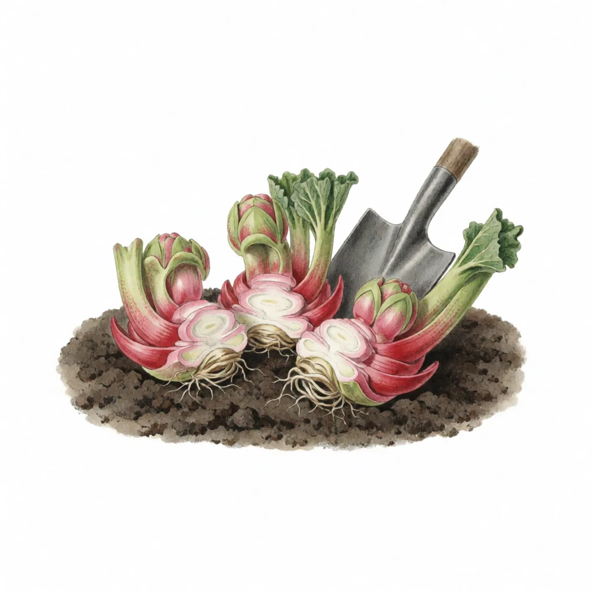 Watercolour plate of a lifted rhubarb crown cut into three fist-sized divisions with a spade, each piece carrying two or three pink buds and a chunk of root