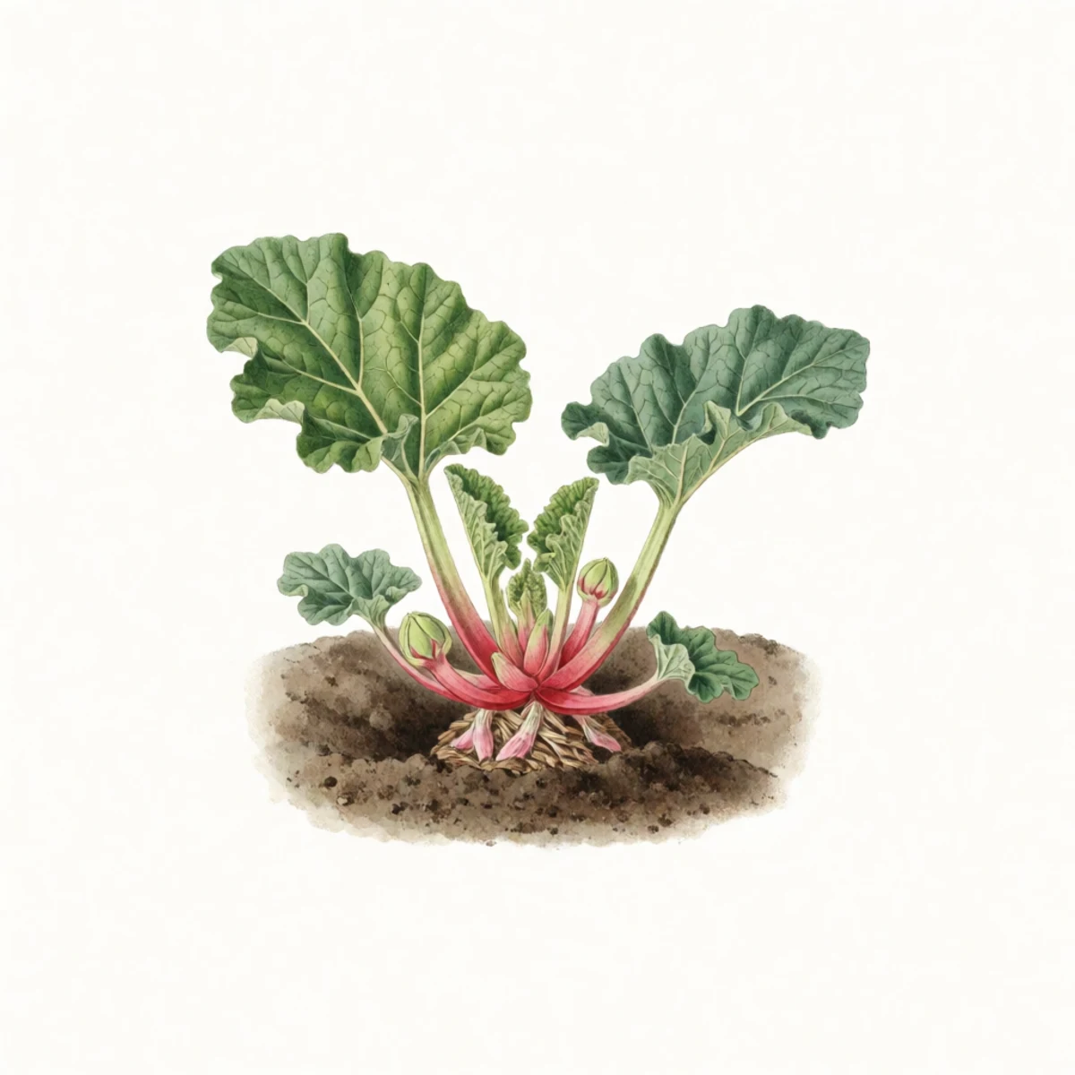 Watercolour plate of a rhubarb division set in a planting hole with its pink buds just an inch below the soil surface, mulch drawn back from the crown