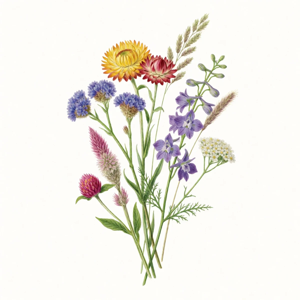 Watercolour plate of a spray of the classic drying flowers together - strawflower, statice, celosia, gomphrena, larkspur, yarrow and ornamental grass