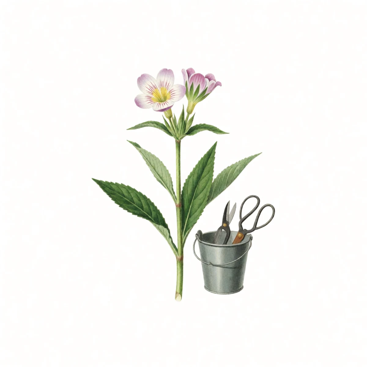 Watercolour plate of a flower stem cut slightly under-open with all its leaves stripped away, shears and a bucket beside