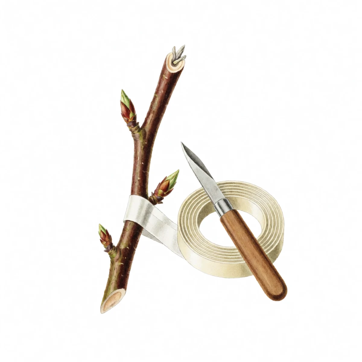 Watercolour plate of a whip-and-tongue graft on a bare fruit tree stem, the matched sloping cuts interlocked and bound with clear grafting tape, a sharp grafting knife and a coil of tape beside it, one swelling bud on the scion