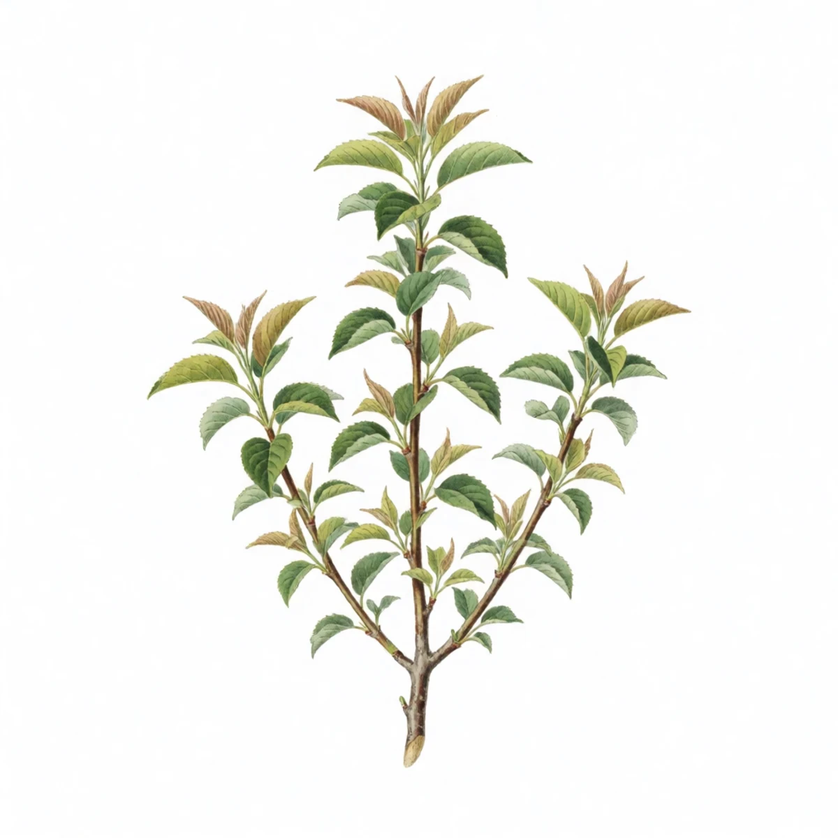 Watercolour plate of a young grafted fruit tree with soft rootstock shoots being rubbed off below the union by a thumb, the scion growing strongly above