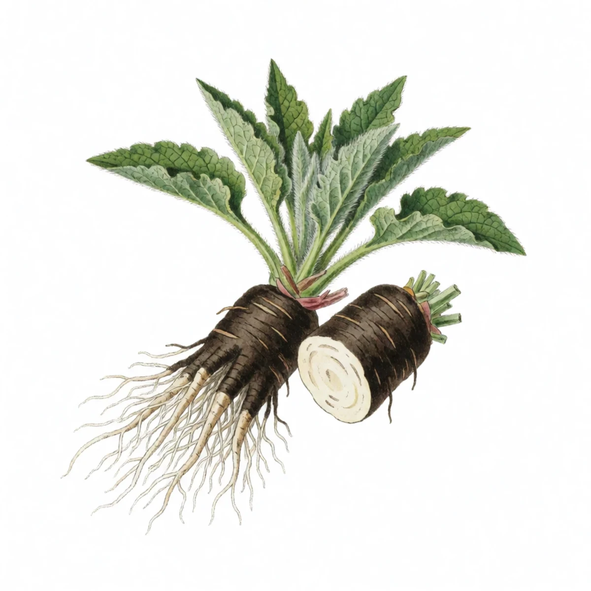 Watercolor plate of comfrey root segments, one sprouting leaves
