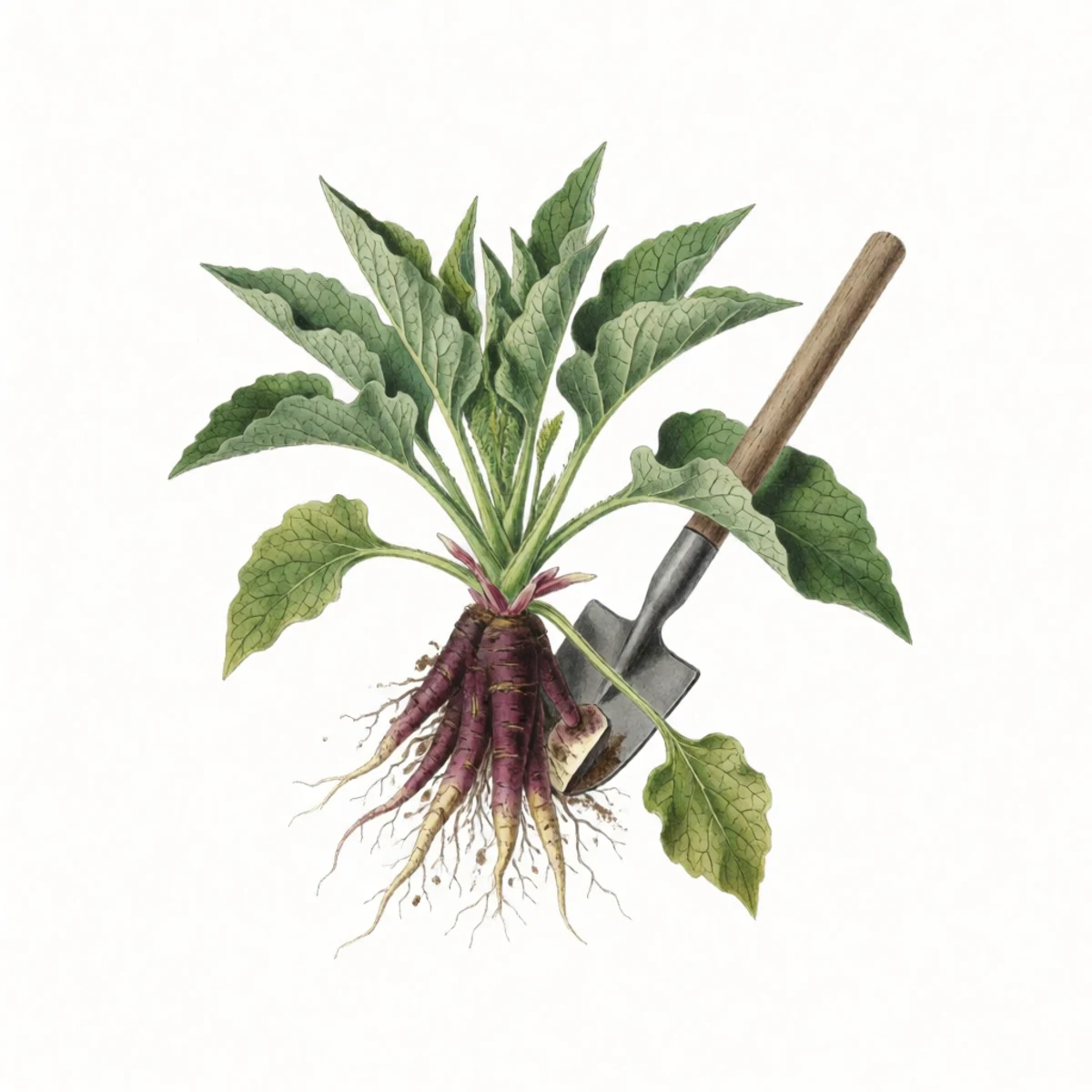 Watercolour plate of a spade levering a wedge of thick black-skinned comfrey root out of the soil beside an established leafy crown