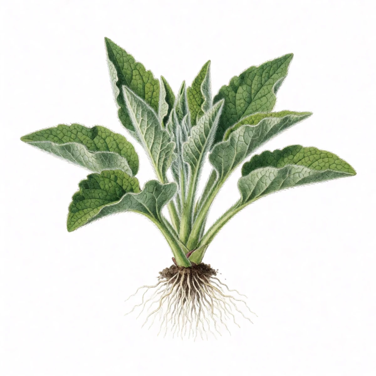 Watercolour plate of a young comfrey rosette of fuzzy grey-green leaves newly sprouted from a buried root cutting, fine white roots below the soil line