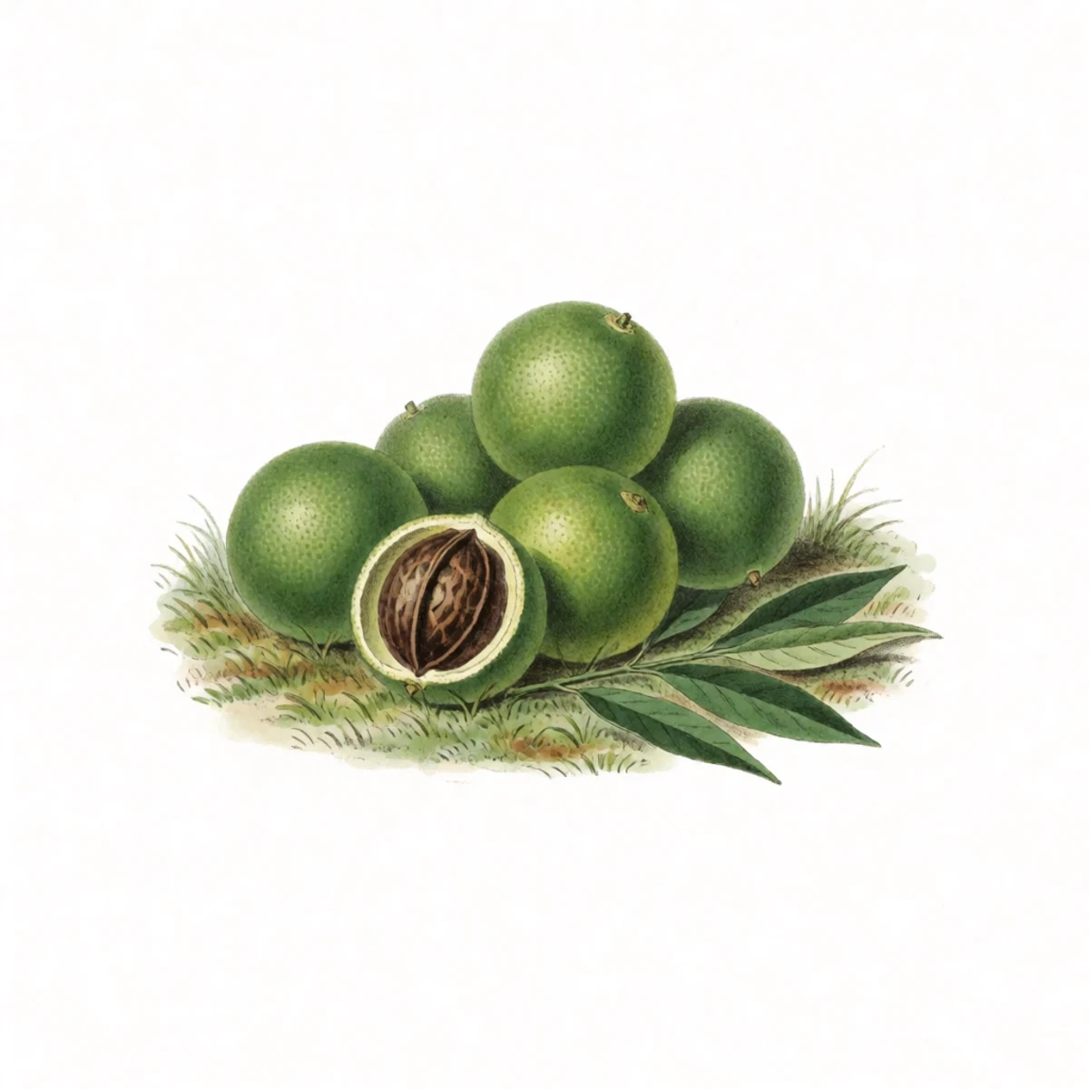 Watercolour plate of fallen black walnuts in yellow-green husks the size of tennis balls lying in autumn grass, a thumb denting one husk