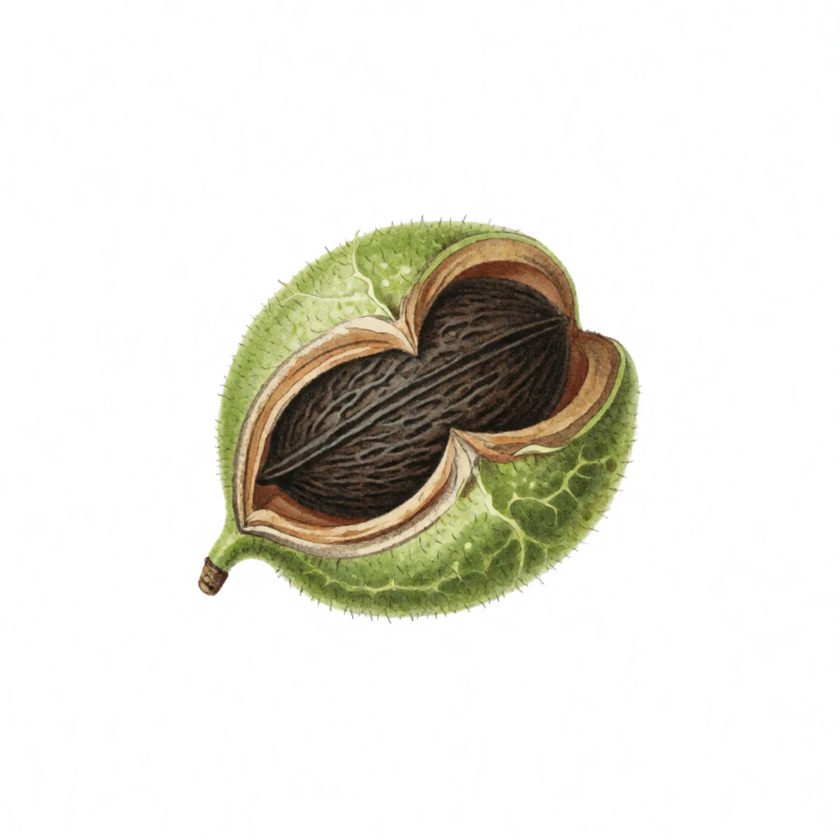 Watercolour plate of a black walnut being hulled underfoot on gravel, the green husk split away and the dark ridged shell emerging, stained hands nearby