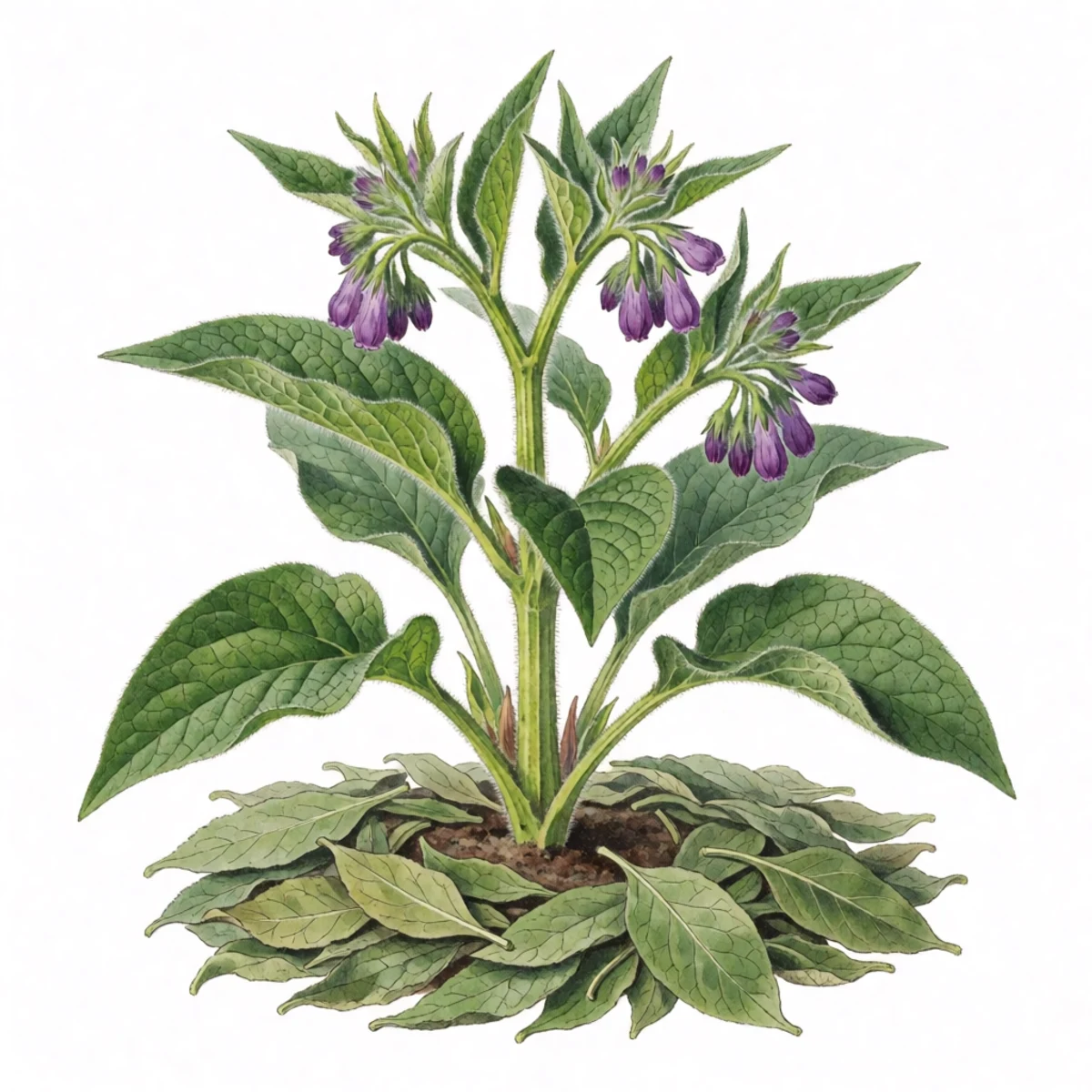 Watercolor plate of comfrey cut and laid as mulch around a fruit tree