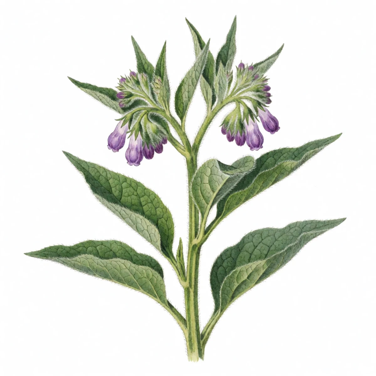 Watercolour plate of a comfrey plant standing knee high with fuzzy grey-green leaves and the first purple bell flowers just forming