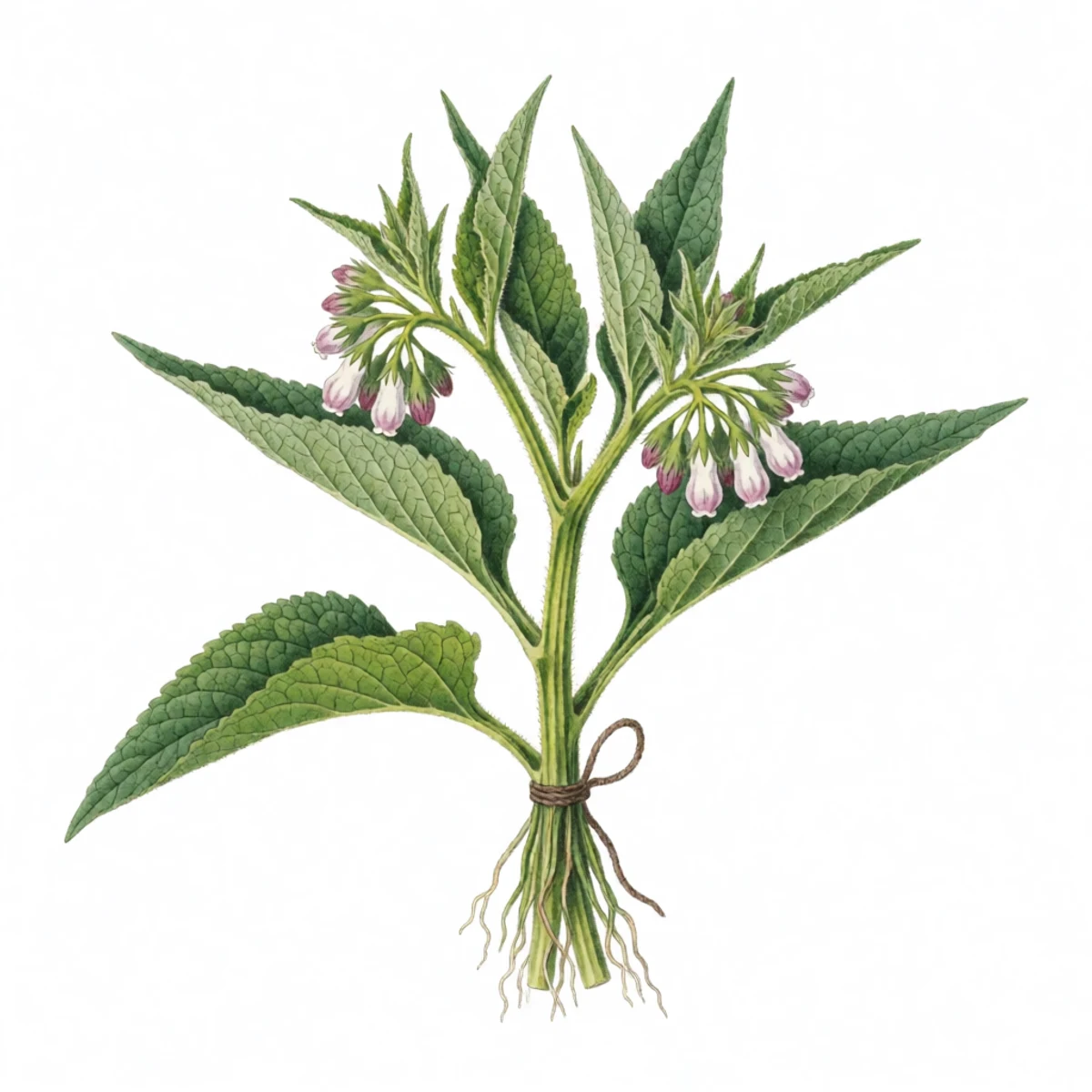 Watercolour plate of a comfrey plant gathered like a ponytail in one hand and sheared with a sickle two inches above the crown