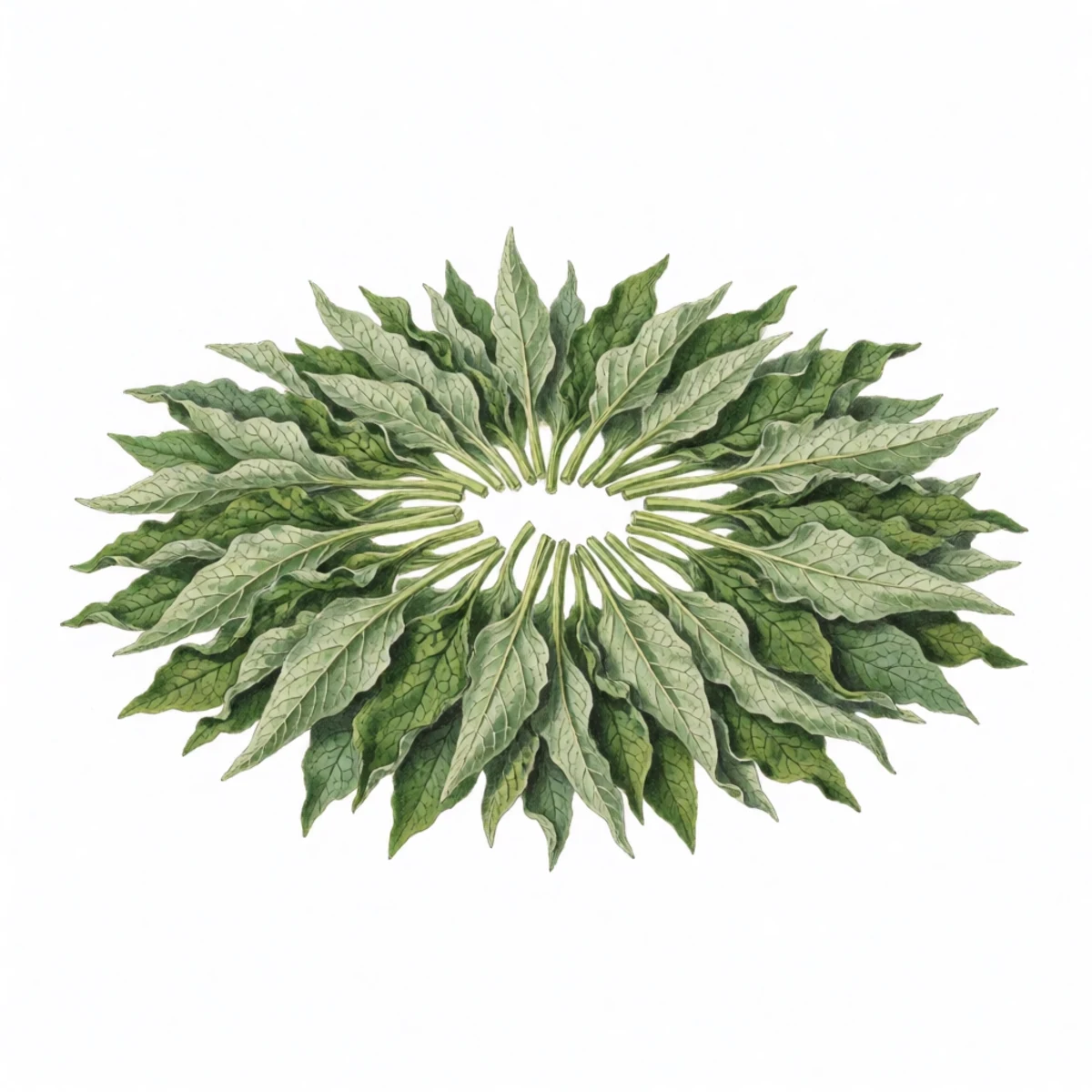Watercolour plate of an armful of wilted comfrey leaves laid as a green mulch ring under a young fruit tree