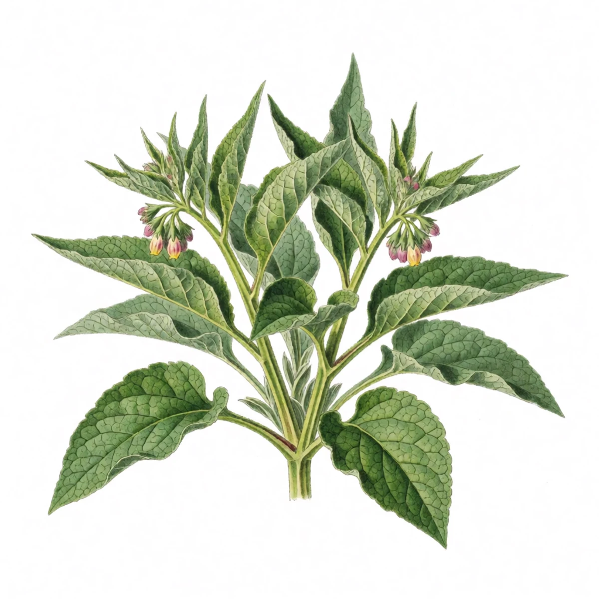 Watercolour plate of a comfrey plant regrowing a fresh low rosette in early autumn, left uncut to rebuild its roots