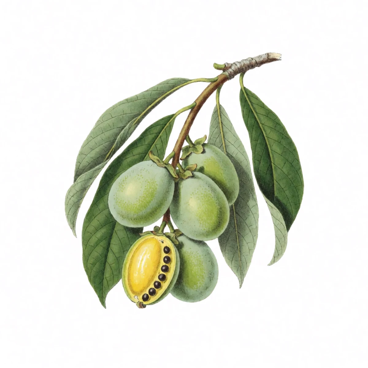 Watercolor plate of ripe pawpaws on the branch, one halved showing seeds