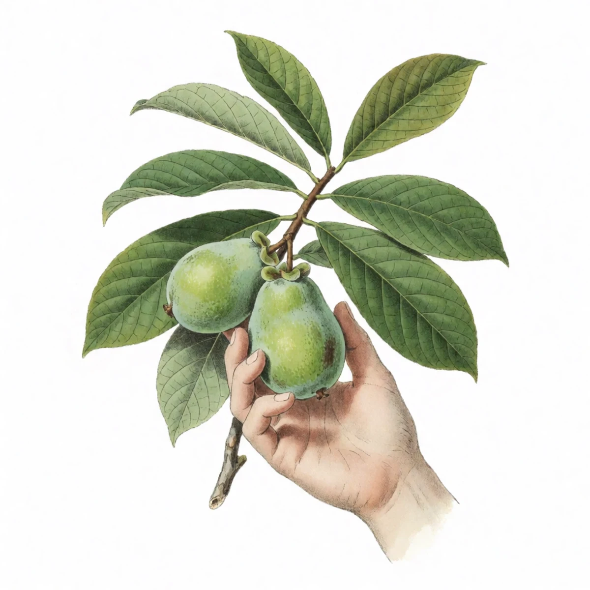 Watercolour plate of a hand cupping a green pawpaw fruit on the tree and pressing gently with a thumb, the flesh yielding like a ripe avocado