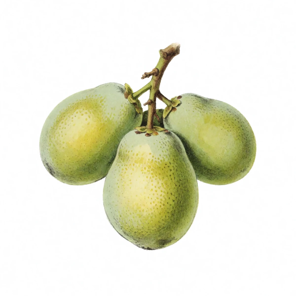 Watercolour plate of a ripe pawpaw fruit hanging in a cluster with soft yellow-green skin, faint speckling, a suggestion of fragrance in drifting lines
