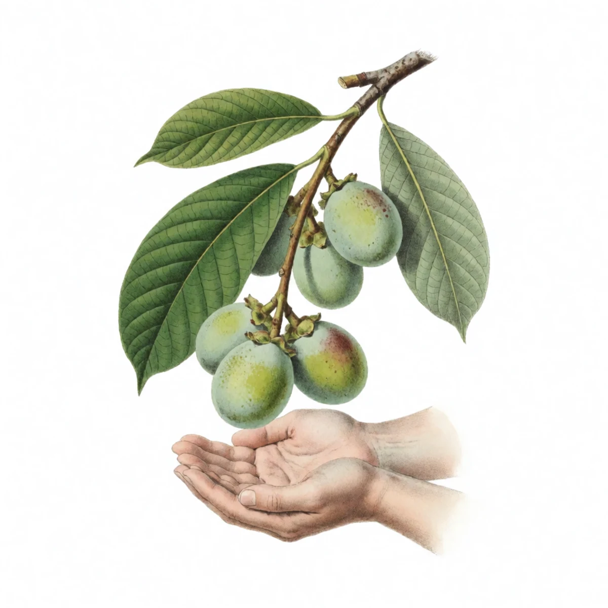 Watercolour plate of ripe pawpaws dropping from a gently shaken branch into cupped hands, unripe fruit still holding fast above