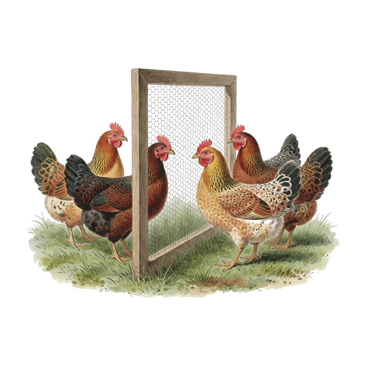 Watercolor plate of two hen groups meeting through a wire panel