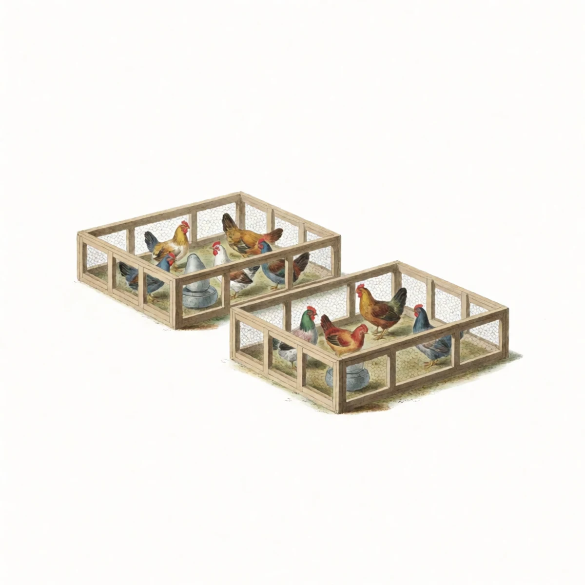 Watercolour plate of two separate chicken pens set well apart, new birds in the far one, no shared waterers between them