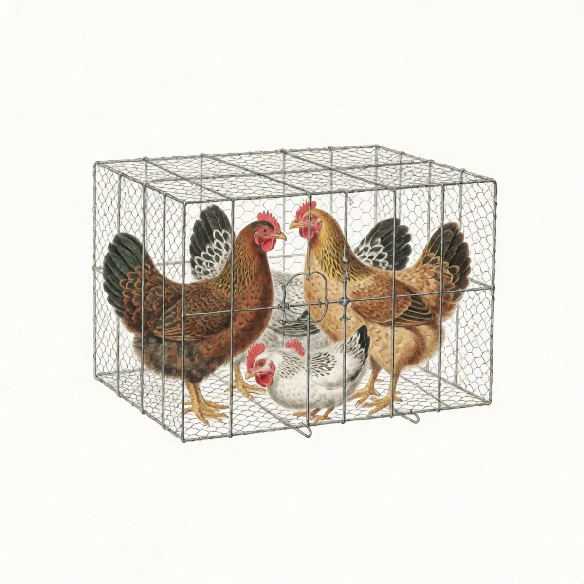 Watercolour plate of a wire dog crate holding new hens set inside an established chicken run, the two groups looking at each other through the mesh