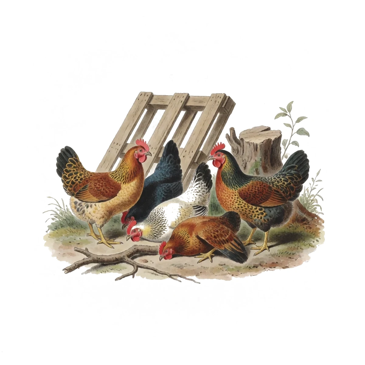 Watercolour plate of hens mixing on cluttered neutral ground with a leaned pallet, a stump and a low branch giving hiding places and sight breaks
