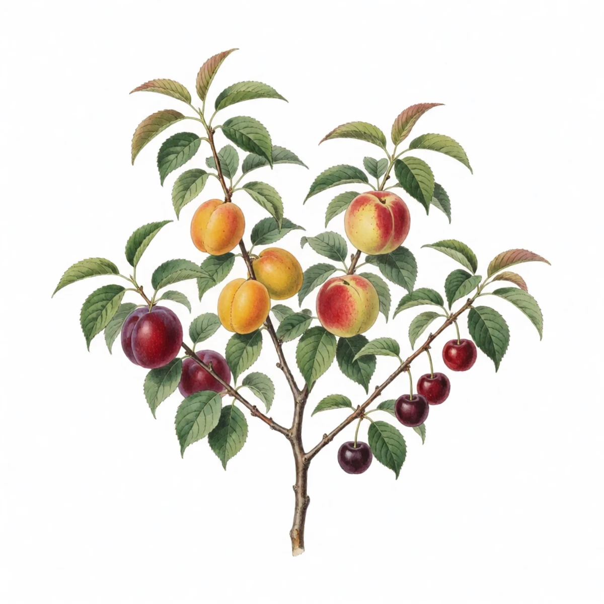 Watercolour plate of a single young fruit tree with four different grafted branches each bearing a different stone fruit - a red plum, a golden apricot, a blushed peach and a dark cherry - small numbered graft unions visible on the limbs