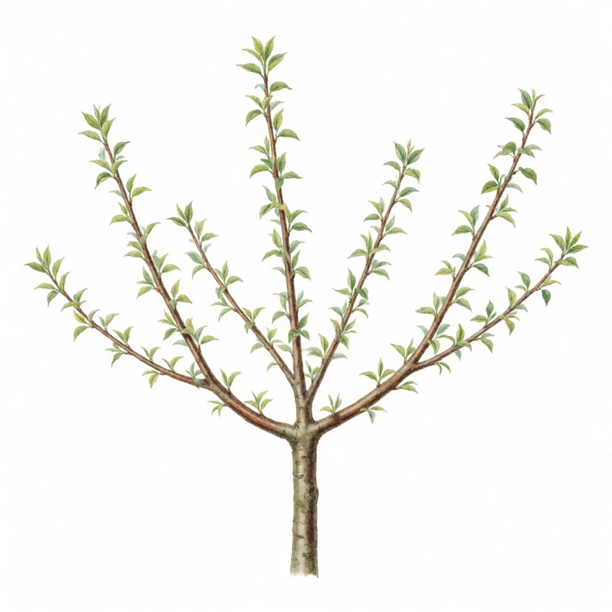 Watercolour plate of a young dormant fruit tree pruned to four wide-angled scaffold limbs evenly spaced around the trunk and level with one another