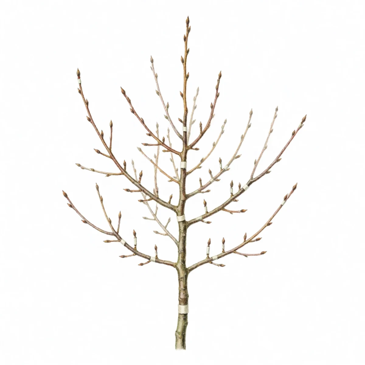 Watercolour plate of a leafless dormant young fruit tree in winter, each of its side limbs ending in a short grafted scion stick bound at the join with a band of pale grafting tape, bare bark and closed buds, no leaves anywhere on the tree