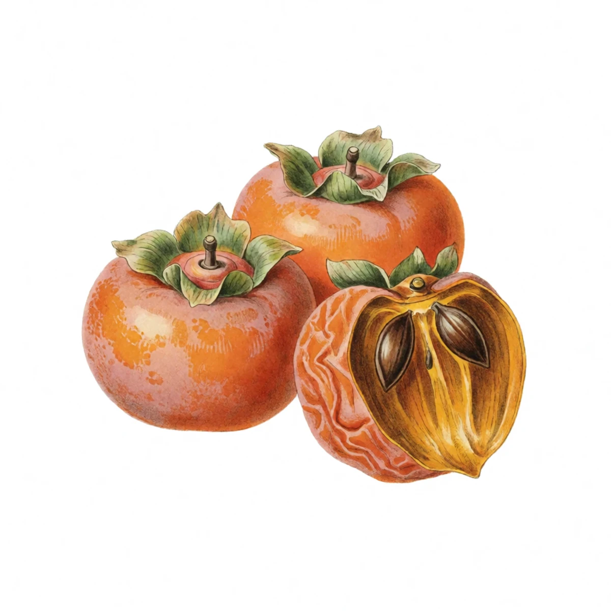 Watercolor plate of ripe American persimmons, one split showing seeds