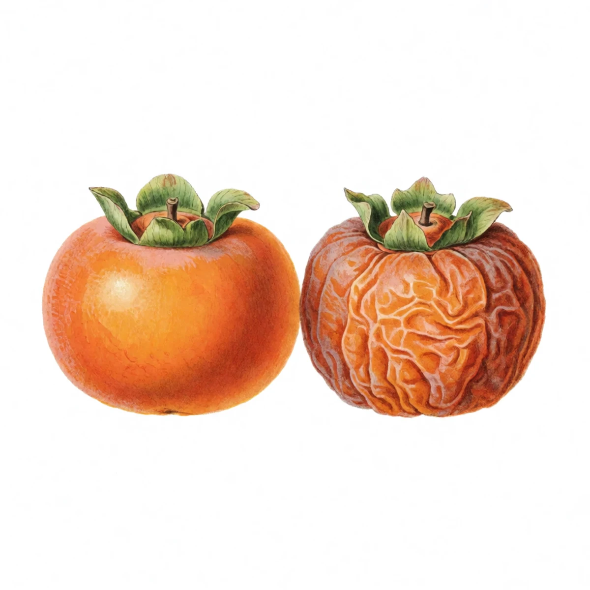 Watercolour plate of two native persimmons side by side, one firm bright orange and unripe, the other wrinkled dull and drooping with ripeness