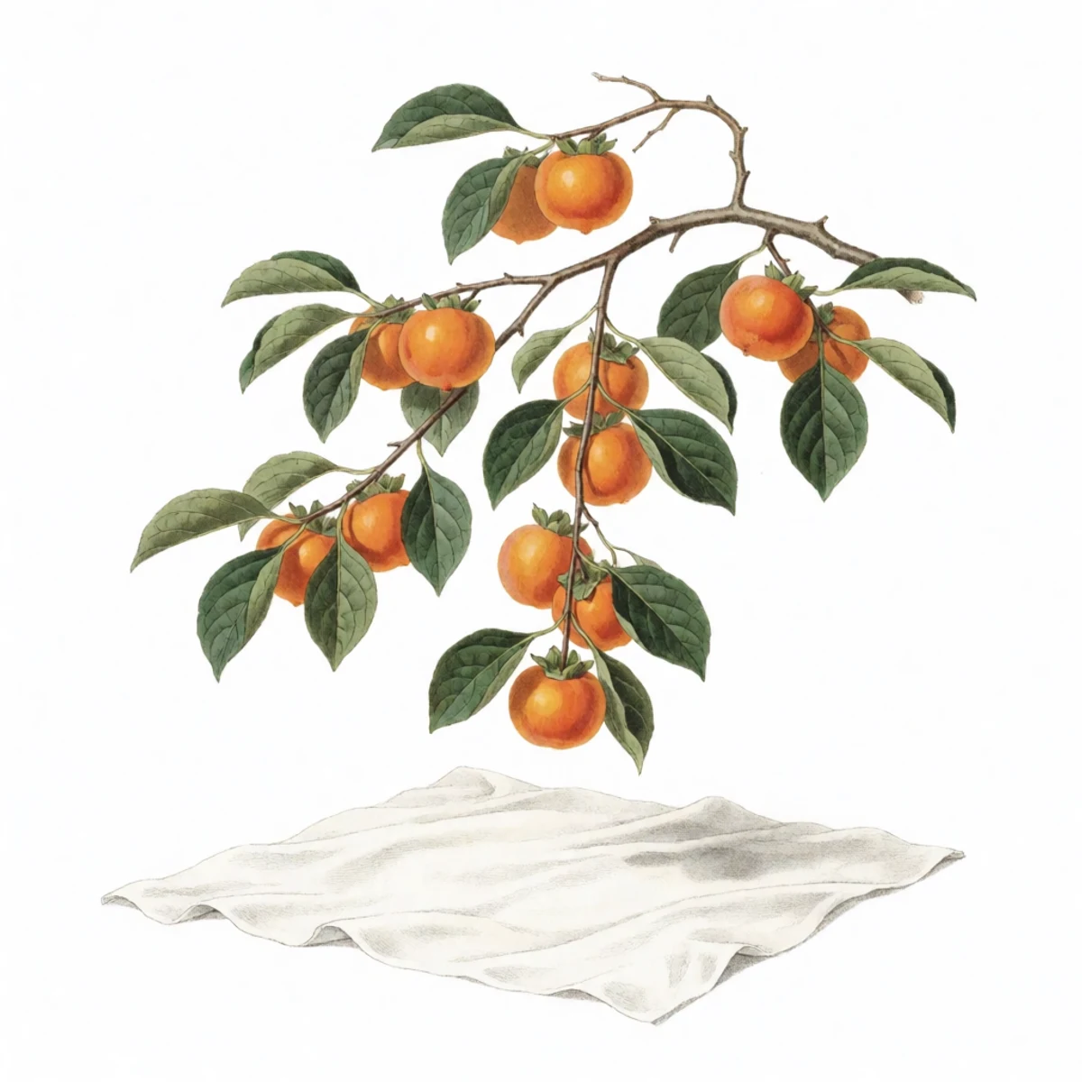 Watercolour plate of a white sheet spread beneath a persimmon tree with ripe orange fruit dropping onto it as a limb is shaken
