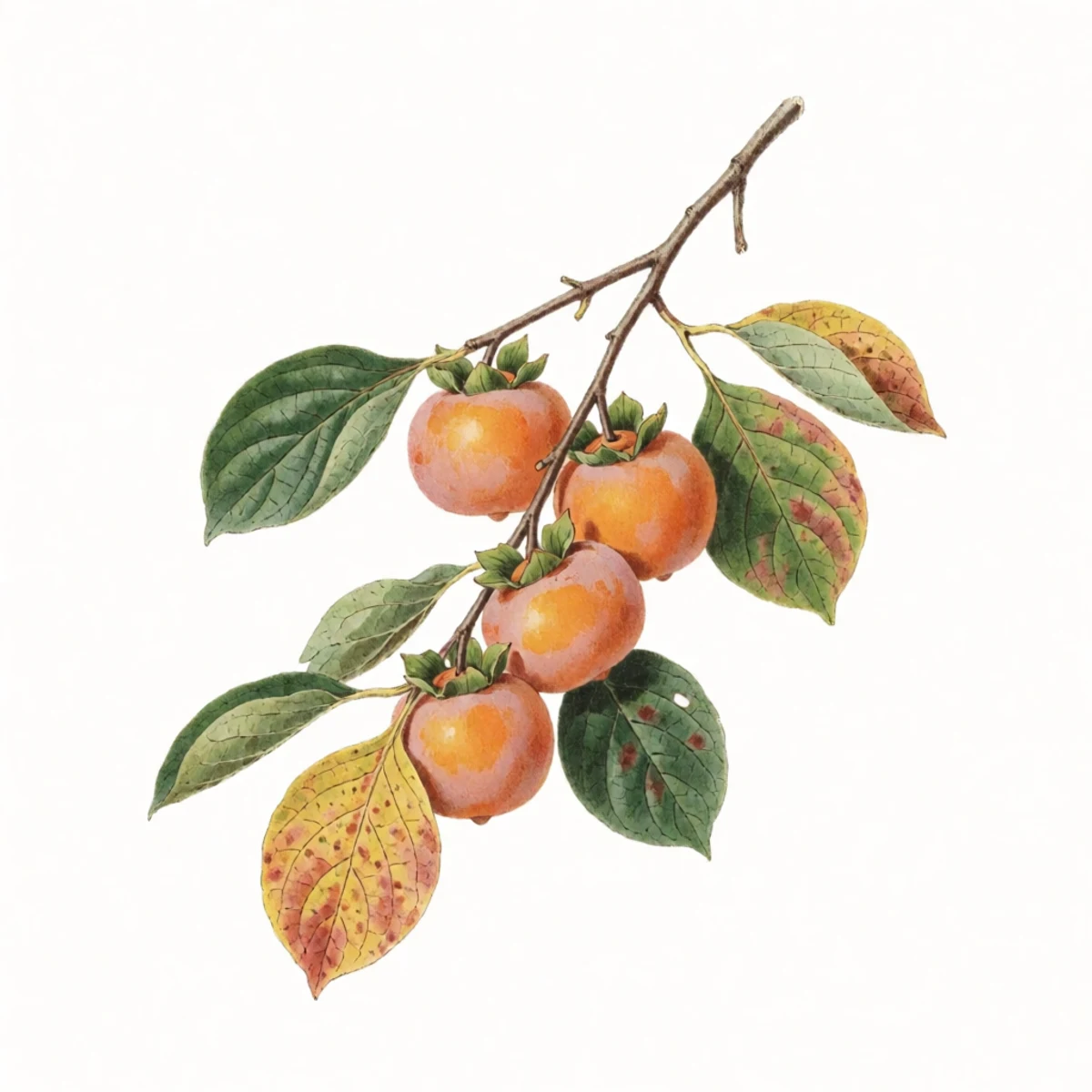 Watercolour plate of a persimmon branch with ripe fruit and autumn leaves, a suggestion of early frost on the grass below but fruit already soft