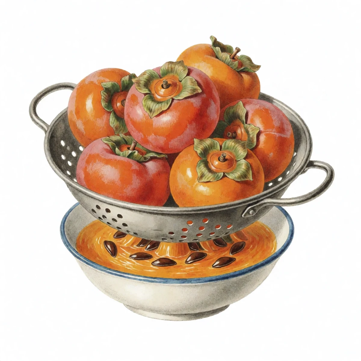 Watercolour plate of ripe persimmons being rubbed through a colander into a bowl of orange pulp, flat brown seeds caught above