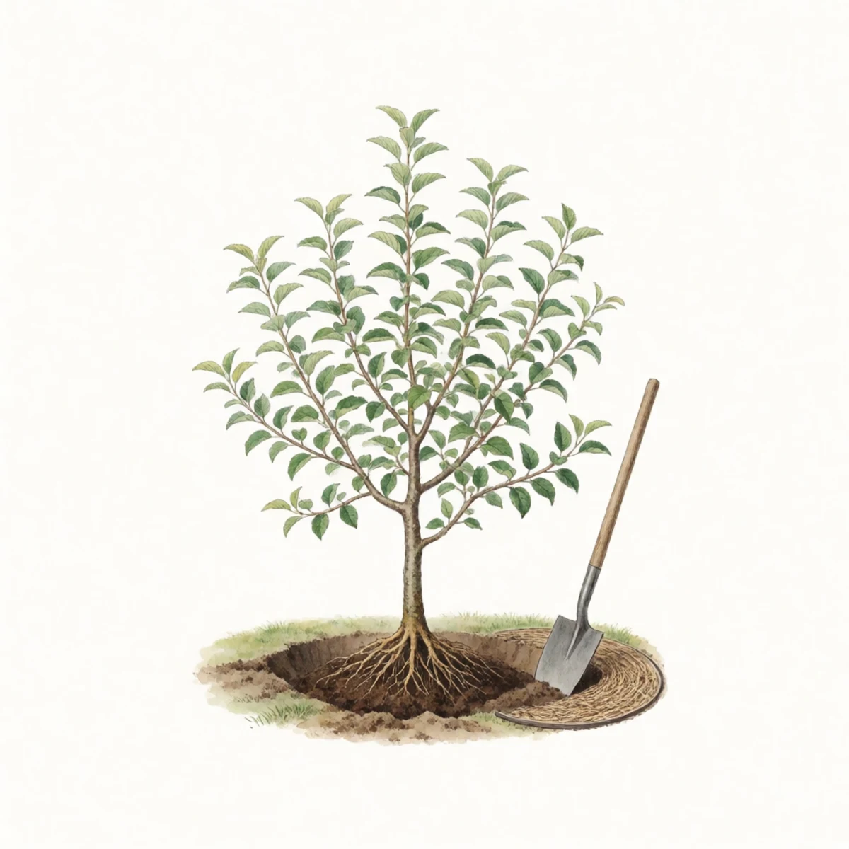 Watercolor plate of a bare root tree set over a soil mound in a planting hole