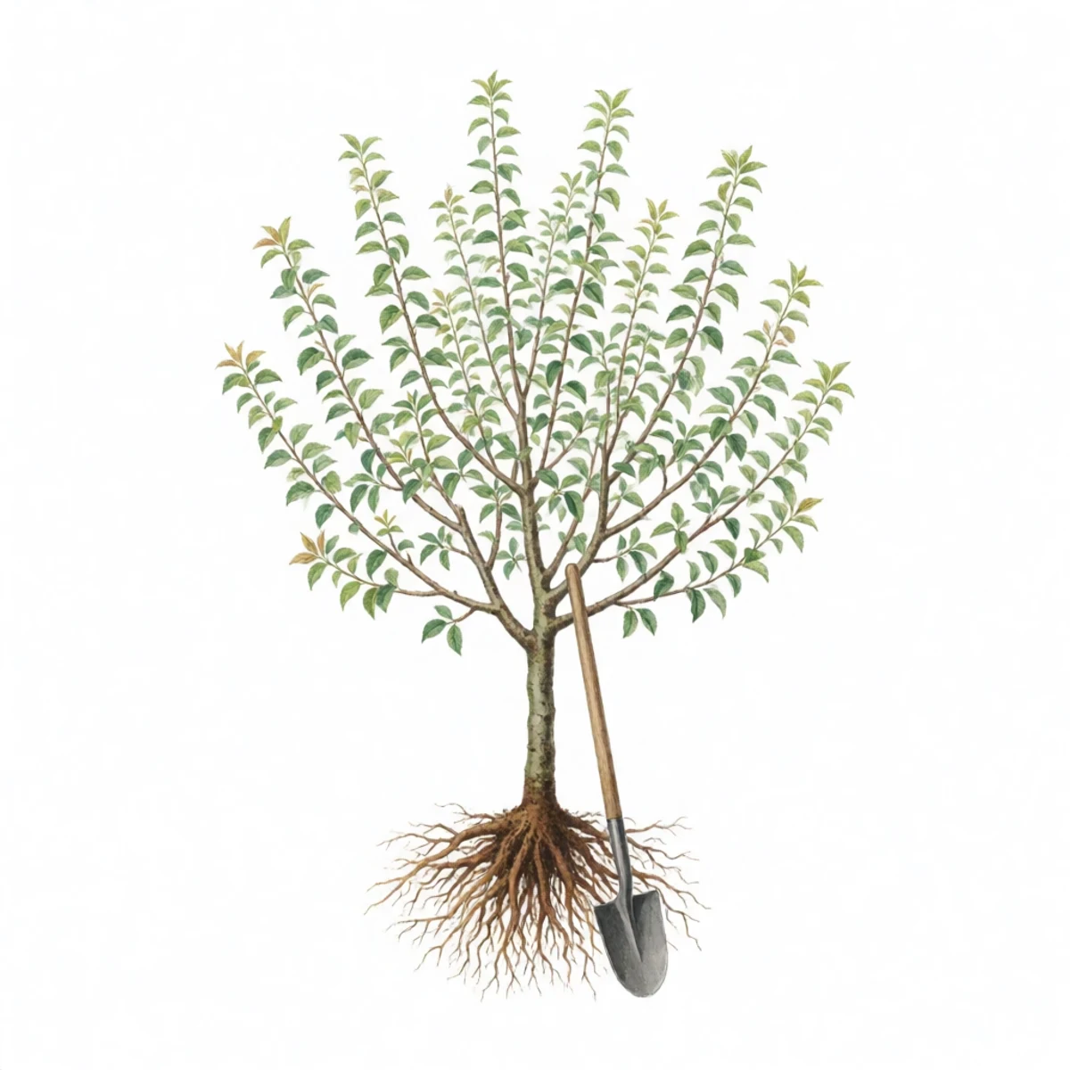 Watercolour plate of a bare-root fruit tree with its roots standing in a bucket of water, wrapping removed, a spade beside