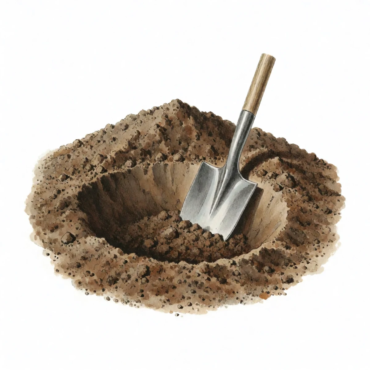 Watercolour plate of a wide shallow flat-bottomed planting hole dug into brown garden soil with a spade blade standing upright in the loose earth beside it, the mound of dug soil heaped at the rim, seen from above at a slight angle