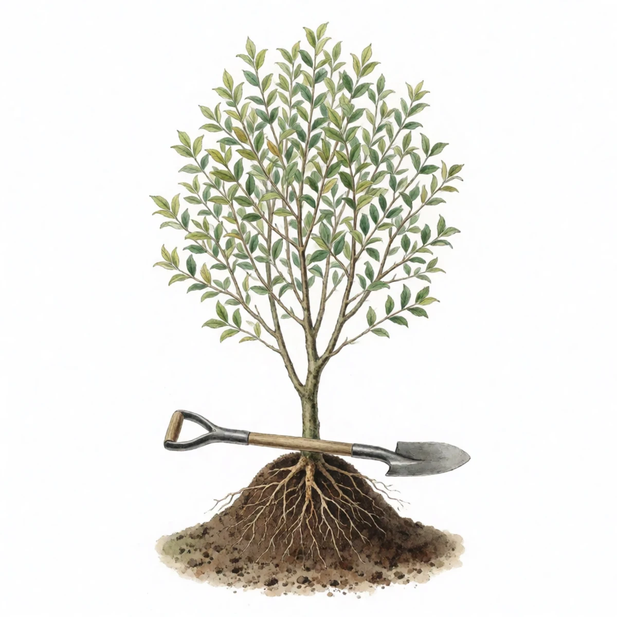 Watercolour plate of a bare-root tree set on a firm cone of soil with roots spread down over it, a shovel handle laid across the hole to check the graft union sits above grade