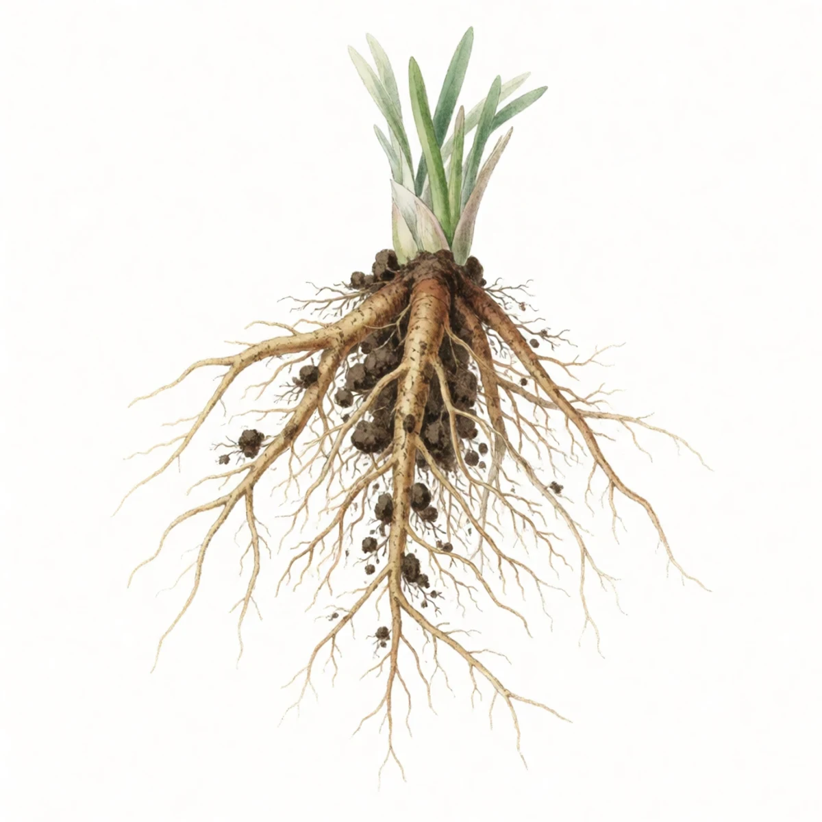 Watercolour plate of native soil crumbled back around spread roots and watered in, hands firming rather than a boot stamping