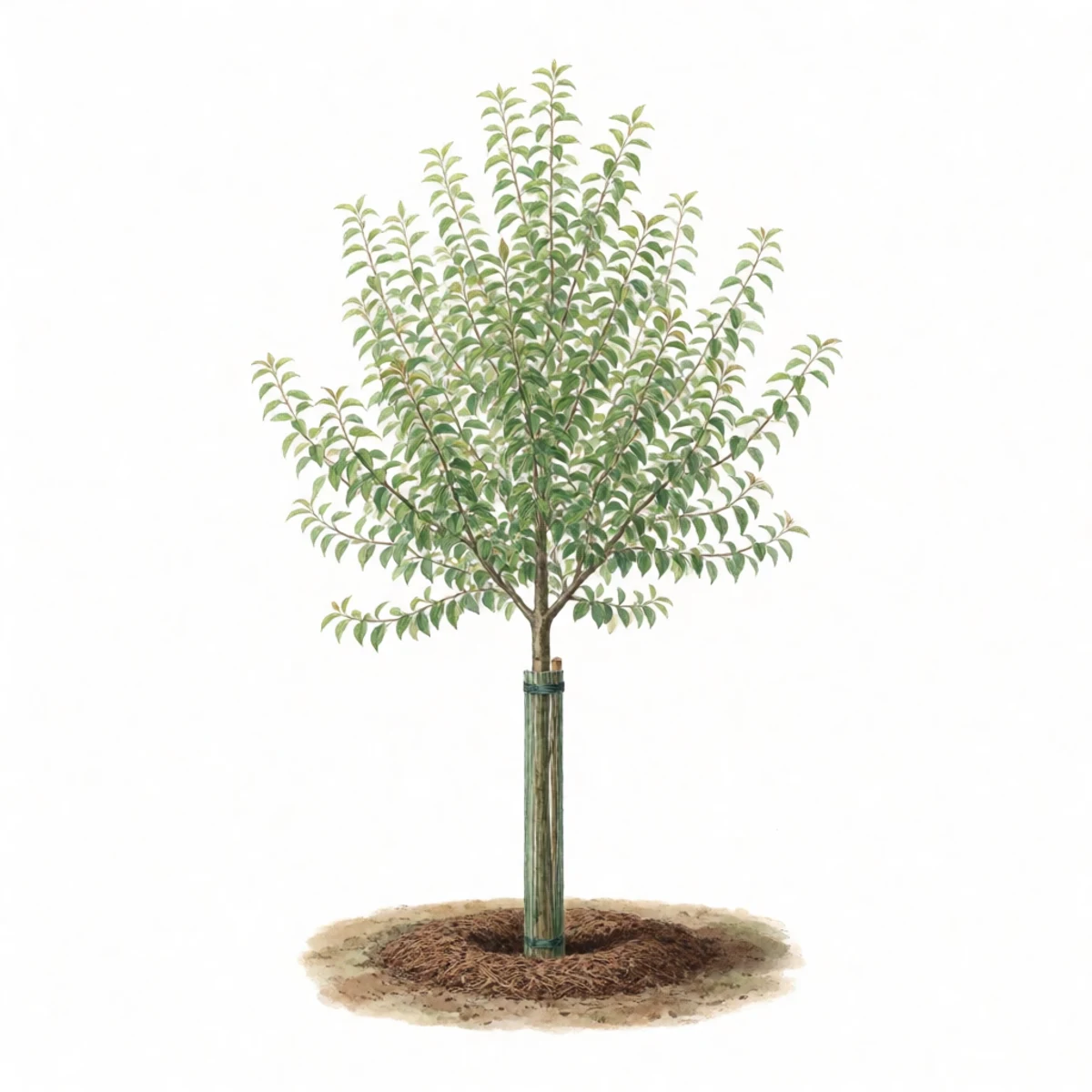 Watercolour plate of a newly planted fruit tree with a three-inch mulch donut pulled back from the trunk and a trunk guard fitted