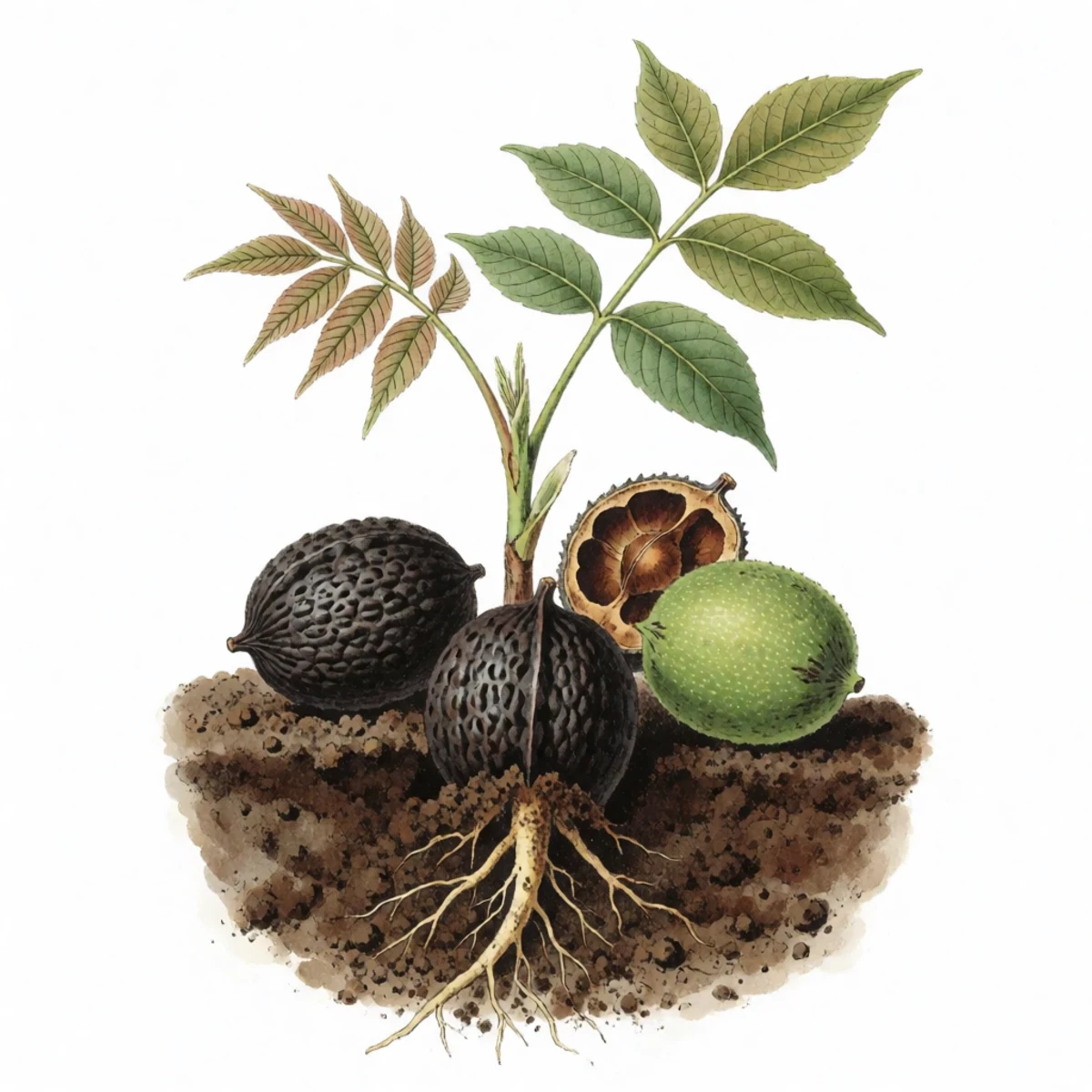 Watercolor plate of a black walnut half buried in soil with a sprouting root and a young seedling