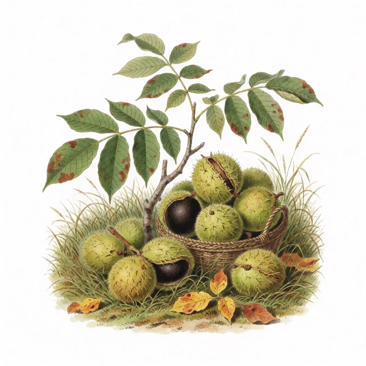 Watercolour plate of large round black walnuts in yellow-green husks lying in autumn grass beneath a walnut tree, the biggest ones gathered in a basket