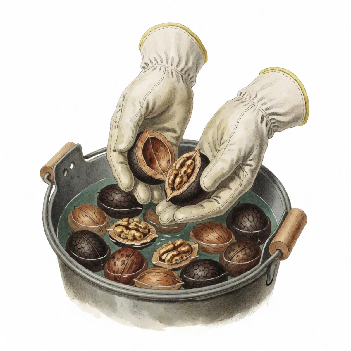 Watercolour plate of black walnuts being hulled with gloved hands and washed in a bucket, sound nuts sinking and hollow ones floating at the surface