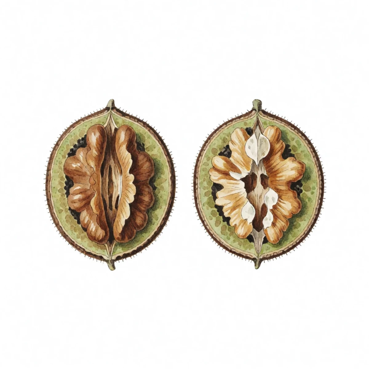 Watercolour plate of a cross-section comparison of two black walnuts, one plump and moist for planting and one shrivelled and dried, side by side