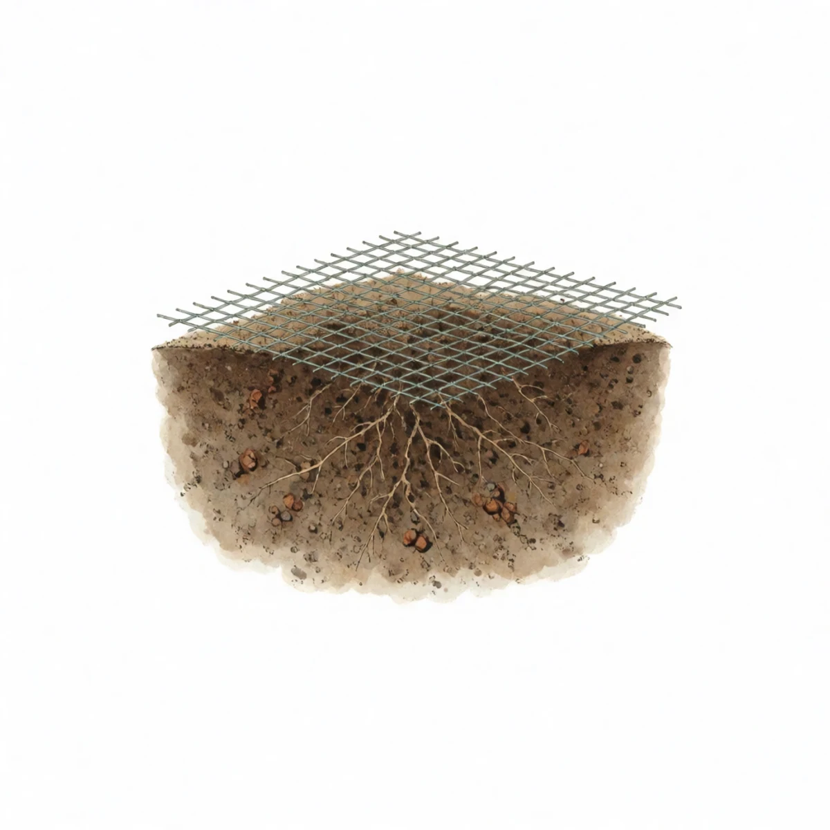 Watercolour plate of a cross-section of autumn soil showing black walnuts sown three inches deep with a square of wire mesh pinned over the surface against squirrels