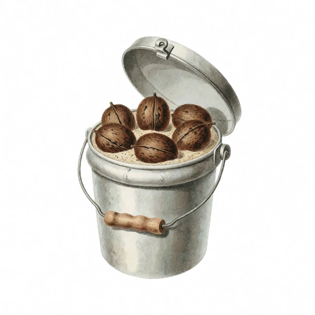 Watercolour plate of black walnuts layered in moist sand inside a lidded bucket for cold stratification, the lid tipped open to show the layers