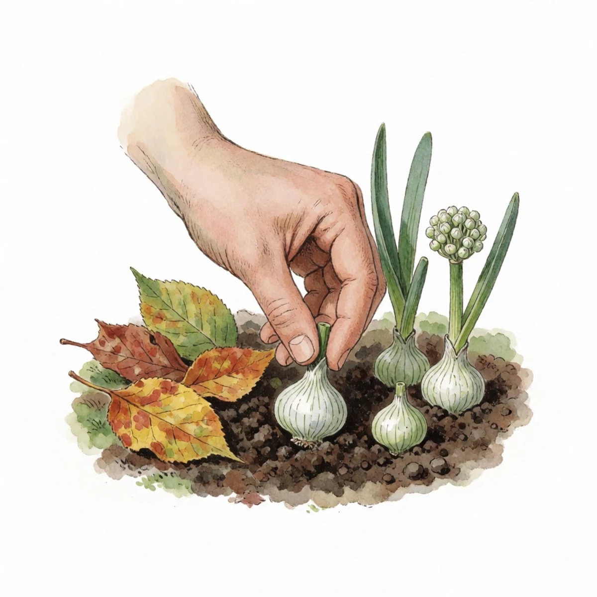 Watercolour plate of a hand planting walking onion bulbils into autumn soil with fallen leaves nearby, a garden calendar mood of early fall