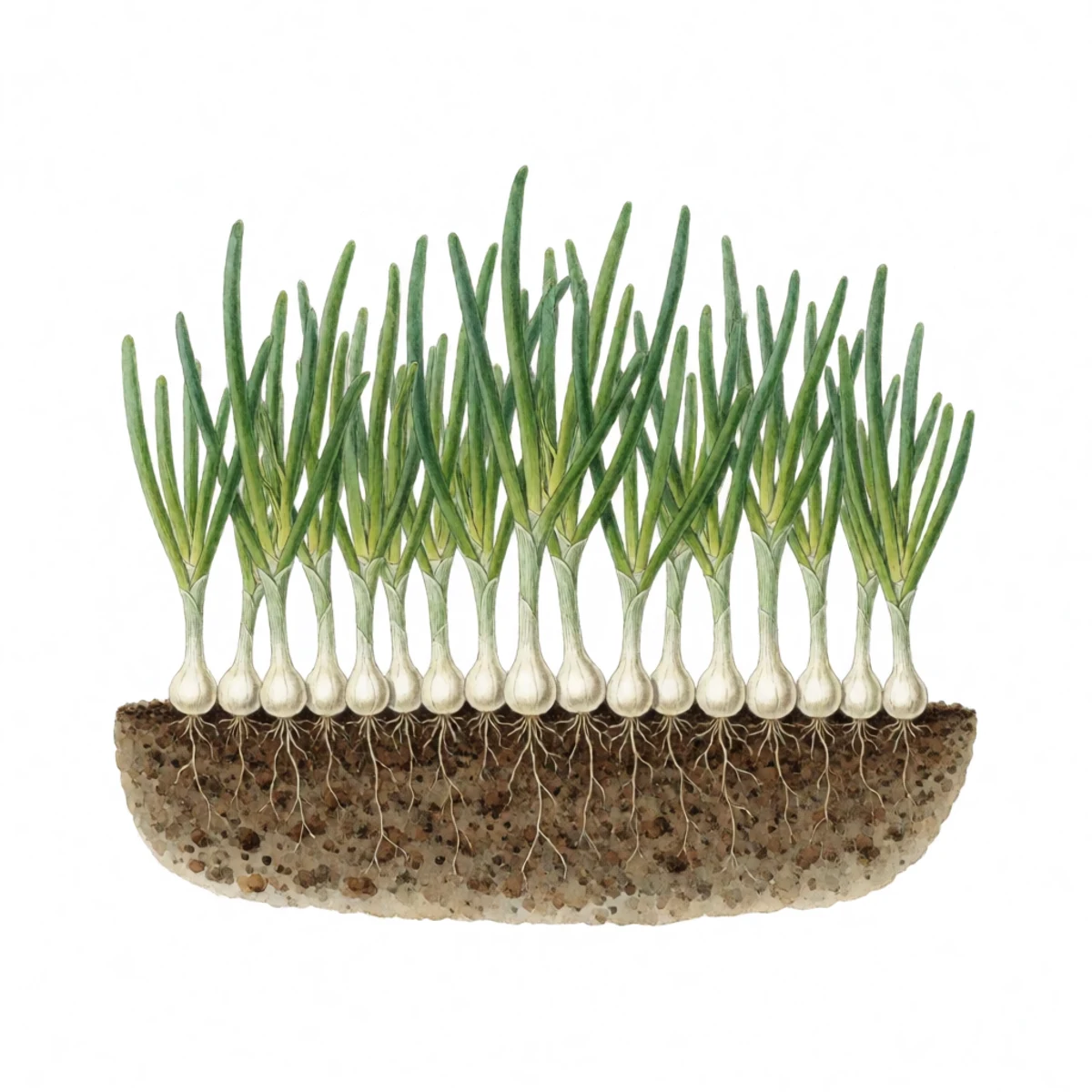 Watercolour plate of a cross-section of soil showing walking onion bulbils planted pointy end up two inches deep and evenly spaced