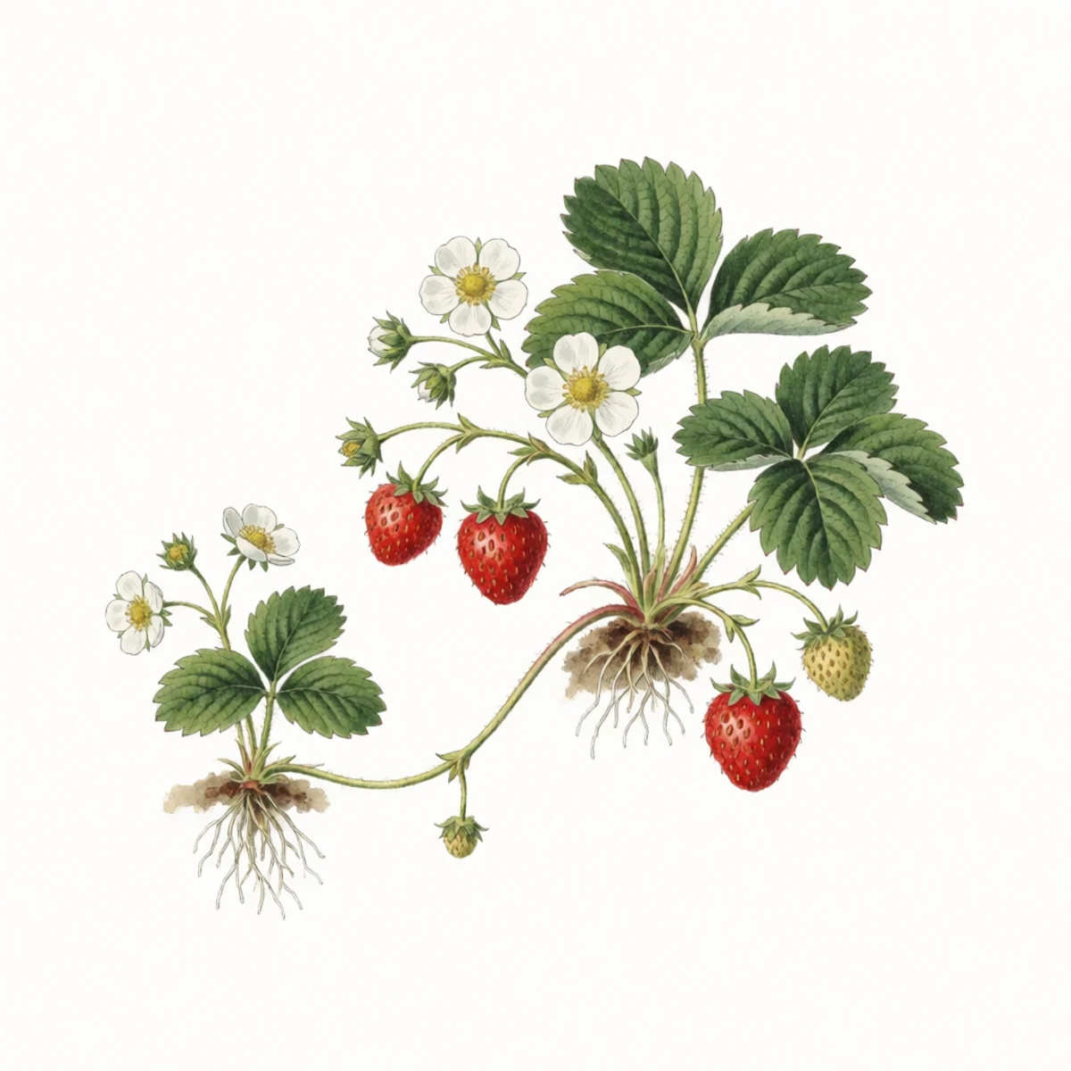 Watercolor plate of a strawberry mother plant with a rooted runner daughter