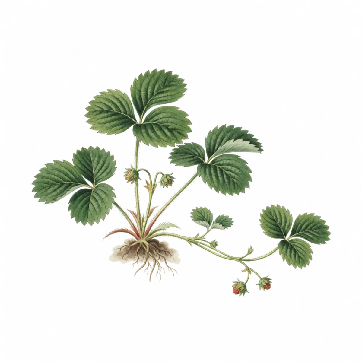 Watercolour plate of a strawberry mother plant with a long runner carrying one strong first daughter plantlet, weaker plantlets further along the runner being snipped off with scissors