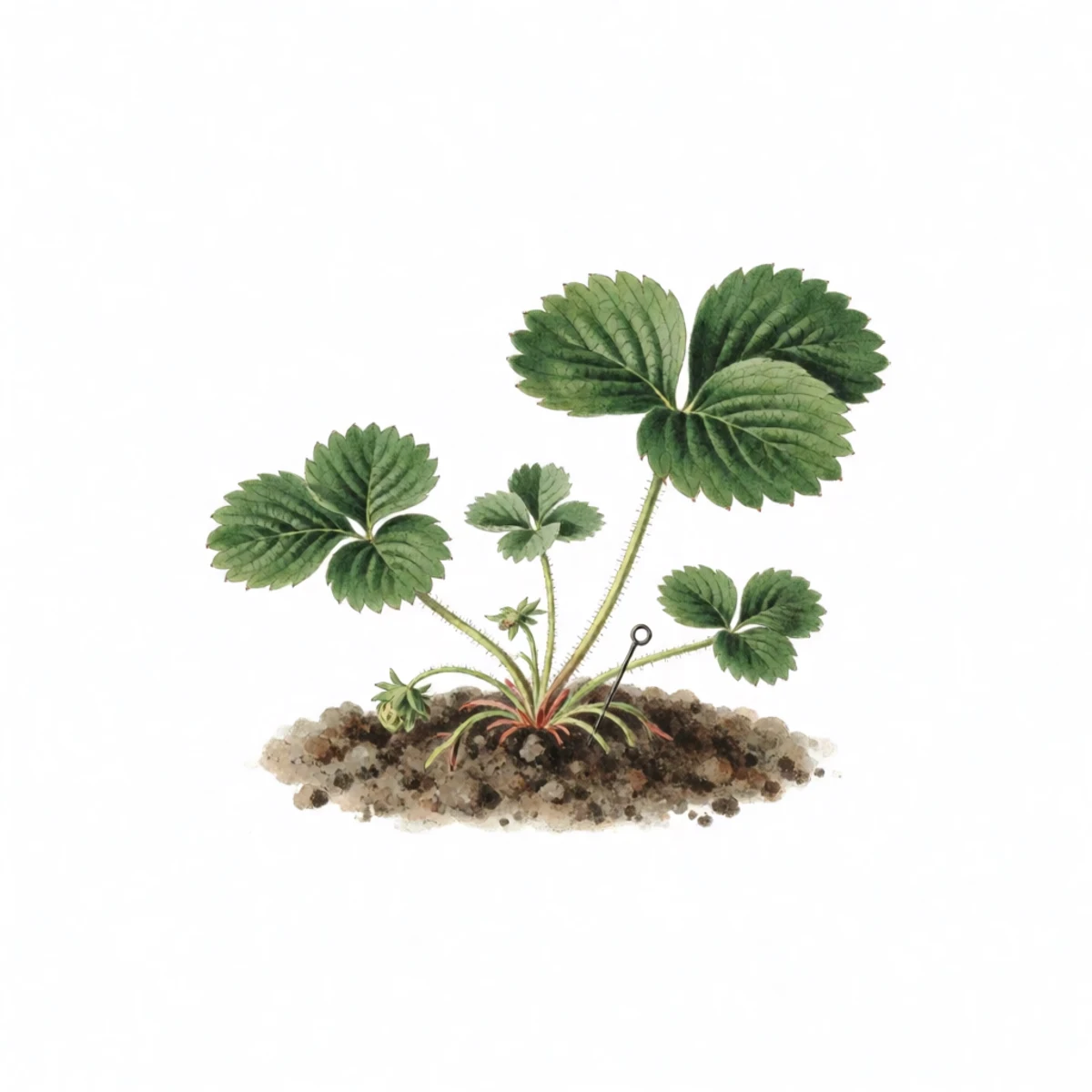 Watercolour plate of a strawberry runner pinned with a bent wire staple into a small pot of soil sunk level with the ground, the daughter plantlet sitting on the mix
