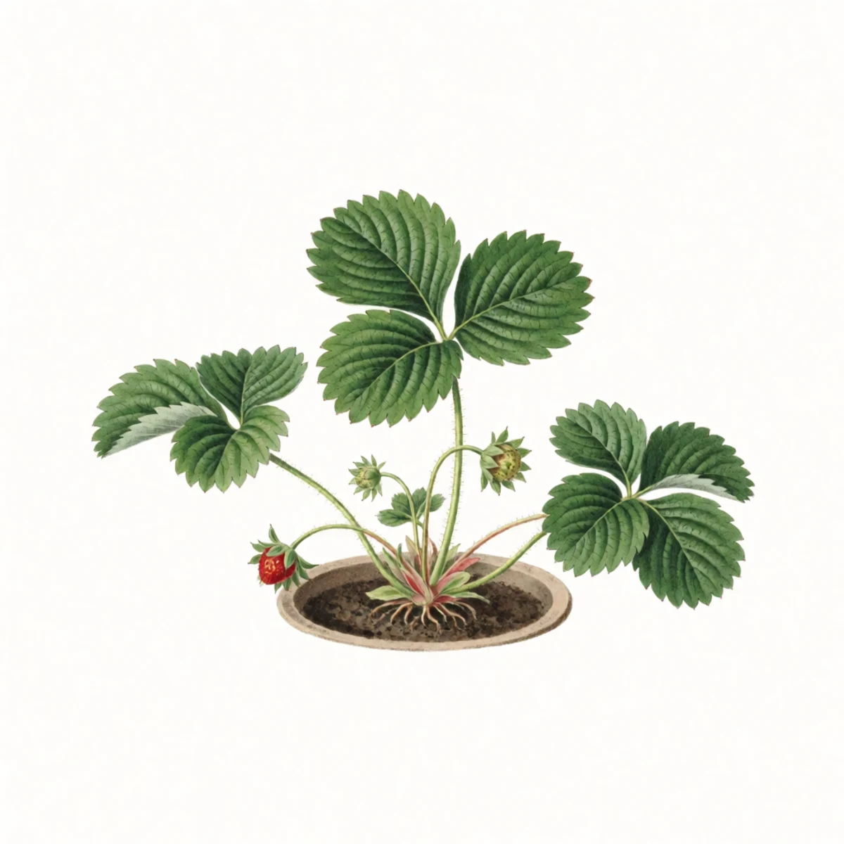 Watercolour plate of a strawberry daughter plantlet rooted in a sunken pot, still joined to its mother by the runner, a hand tugging the crown gently to test the roots